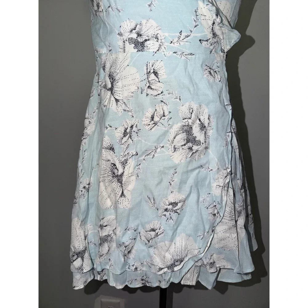 Free People French Quarter Wrap Dress Light Blue Floral Ruffle Mini Small CR5